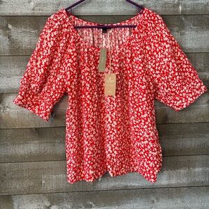 J. Crew Red Floral Peasant Top